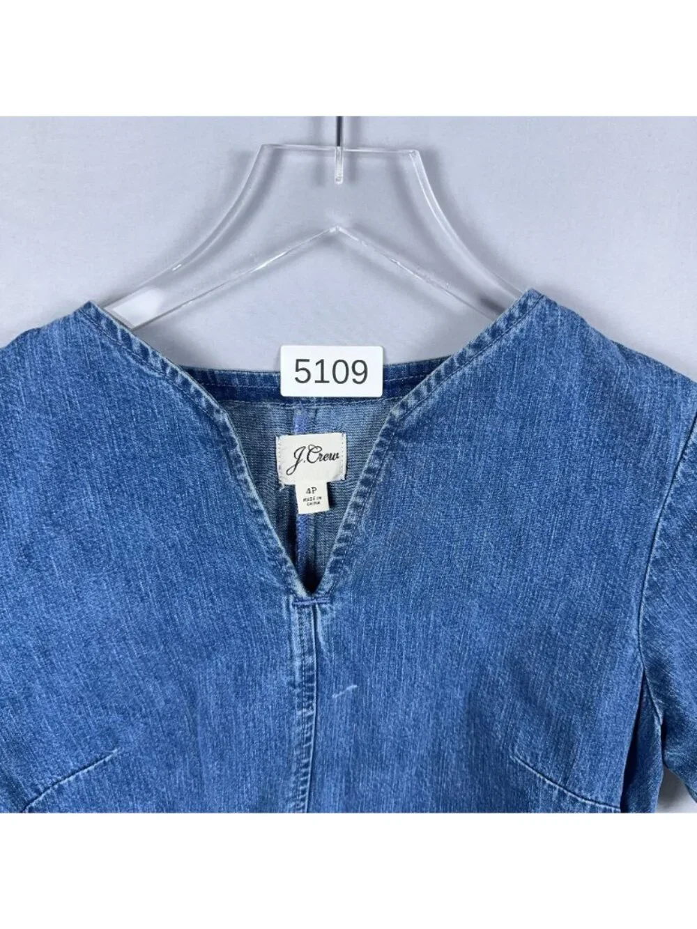 J. Crew Denim Dress Size 4 Petites V-Neck Shift Short Sleeve 100% Cotton Blue